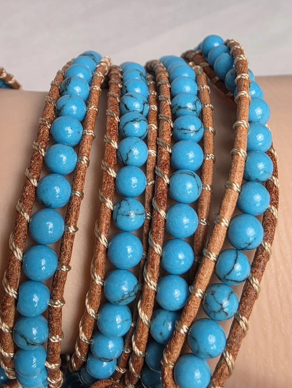 Victoria Emerson Turquoise Color Beaded Brown Leather Wrap Bracelet 33-36
